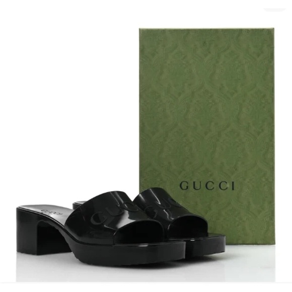Gucci Shoes - Gucci Women’s Black Nero Rubber Logo GG Slide Sandals 60MM Size 10 NIB